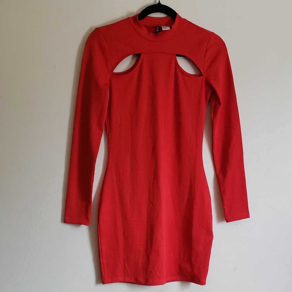 Divided Red Mock Neck Bodycon Dress